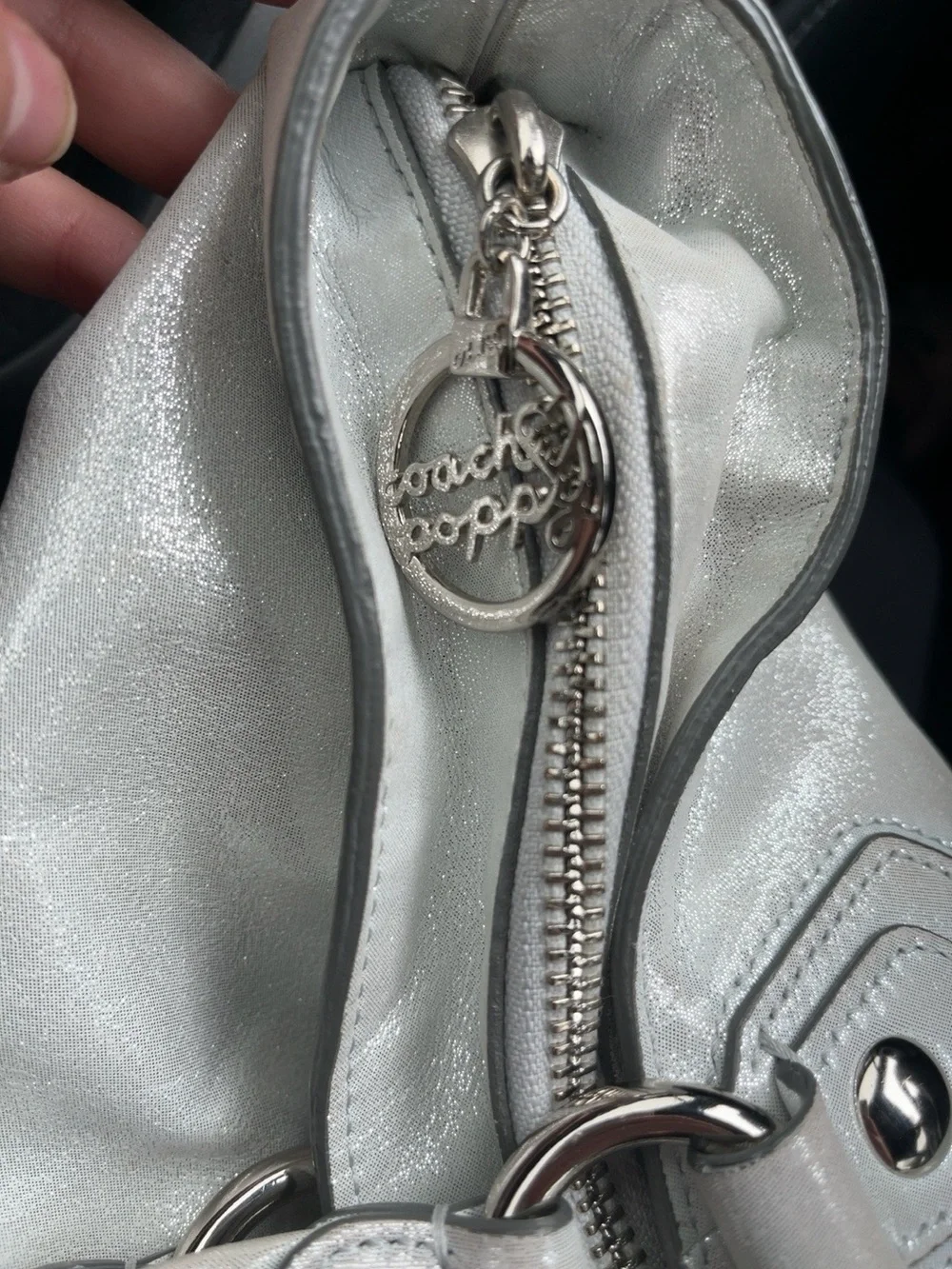 2010 poppy Coach Metallic Silver Leather Tote Bag - Coach